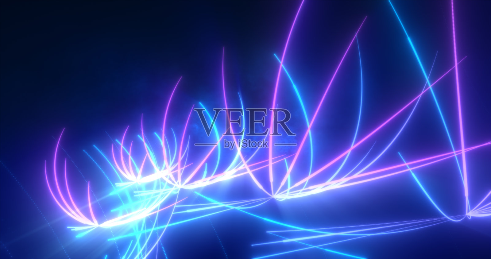 抽象的蓝色和紫色发光霓虹灯能量激光线飞行在一个黑色的背景照片摄影图片