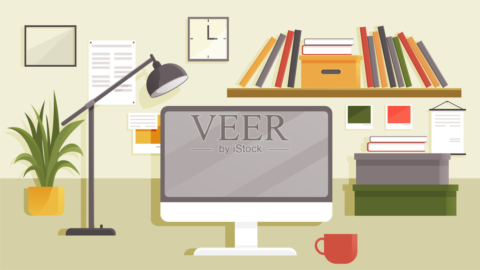 现代办公室或家庭工作场所设计。室内有桌子,植物,电脑,个人电脑,文件,书籍插画图片素材