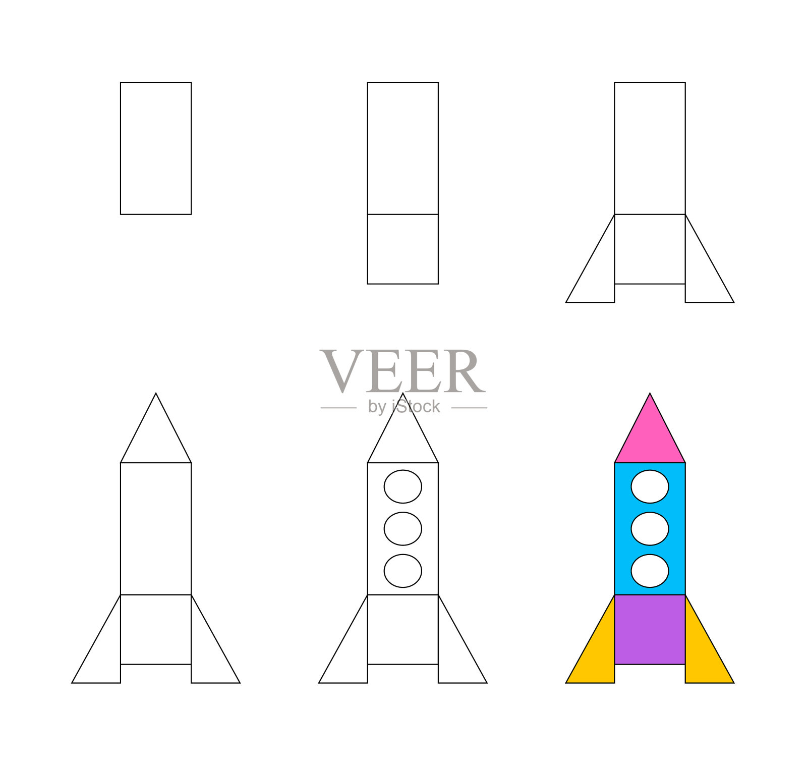 工作表容易指导绘制卡通火箭。简单一步一步的绘图教程插画图片素材