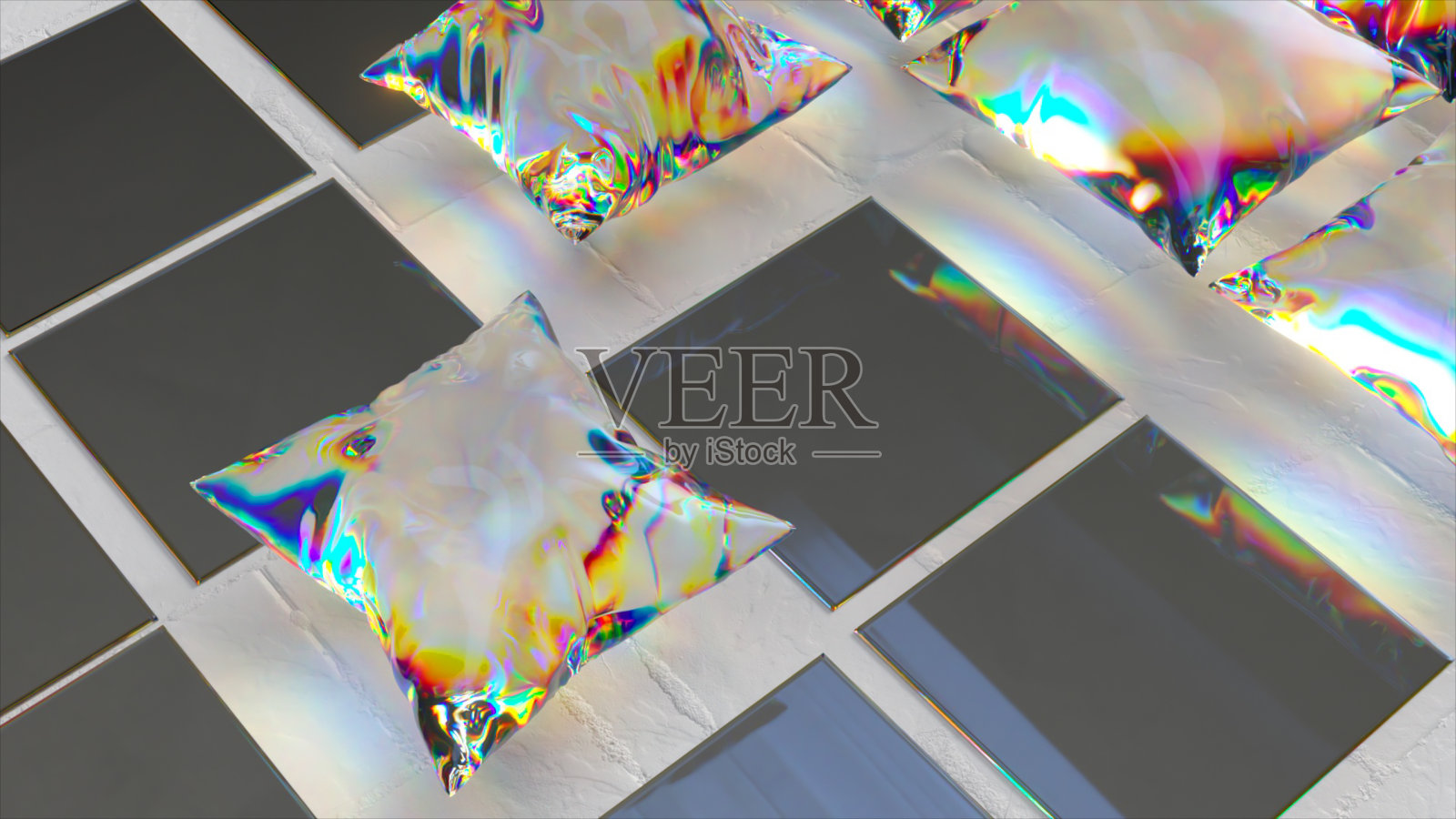 钻石枕头由扁平的灰色方块充气而成。缓冲。光泽的金属色。彩虹。3d插图照片摄影图片