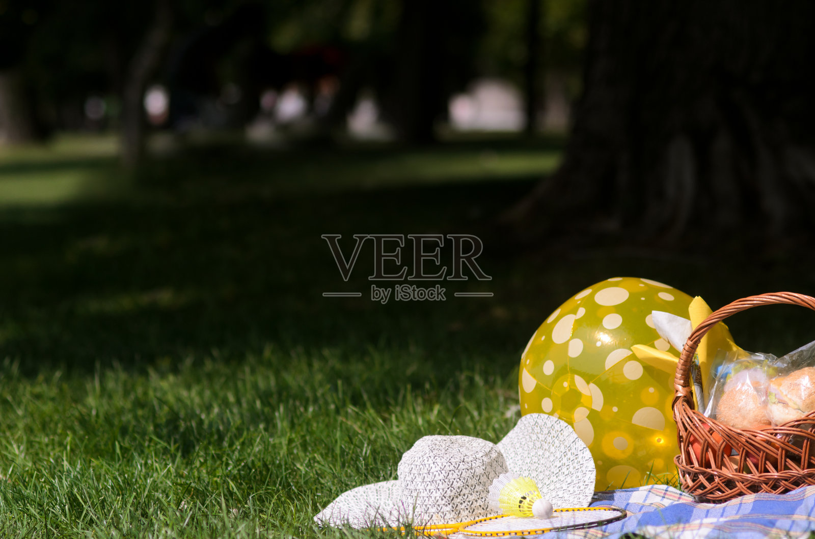 公园草地上的野餐篮照片摄影图片