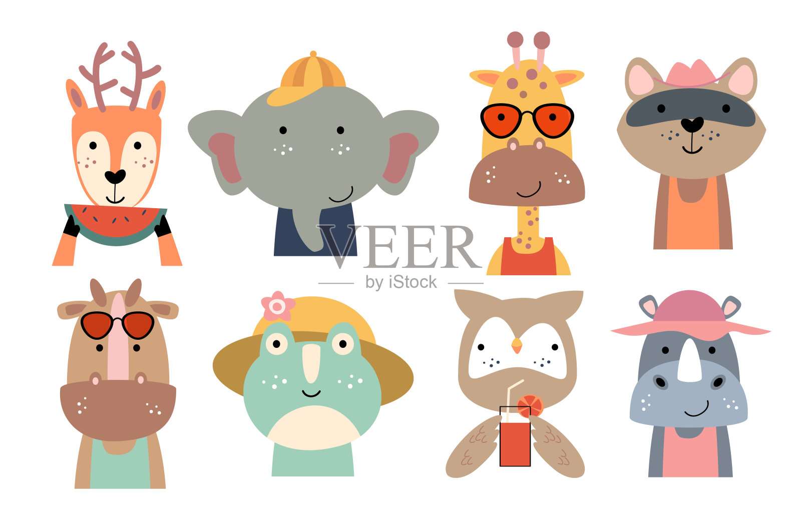 一套野生动物与夏季服装。矢量插图。插画图片素材