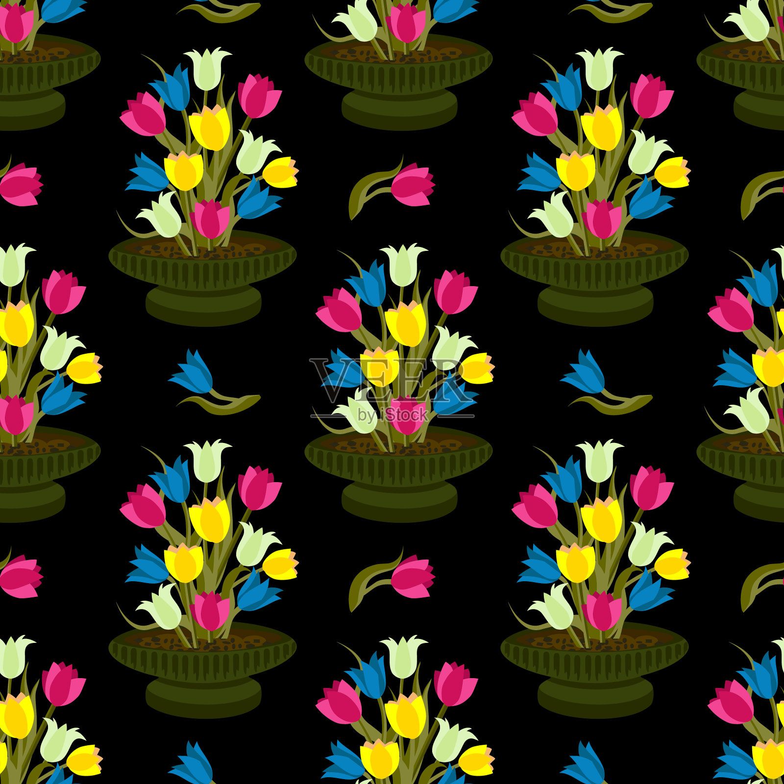 矢量-郁金香在一个碗的无缝模式。插画图片素材
