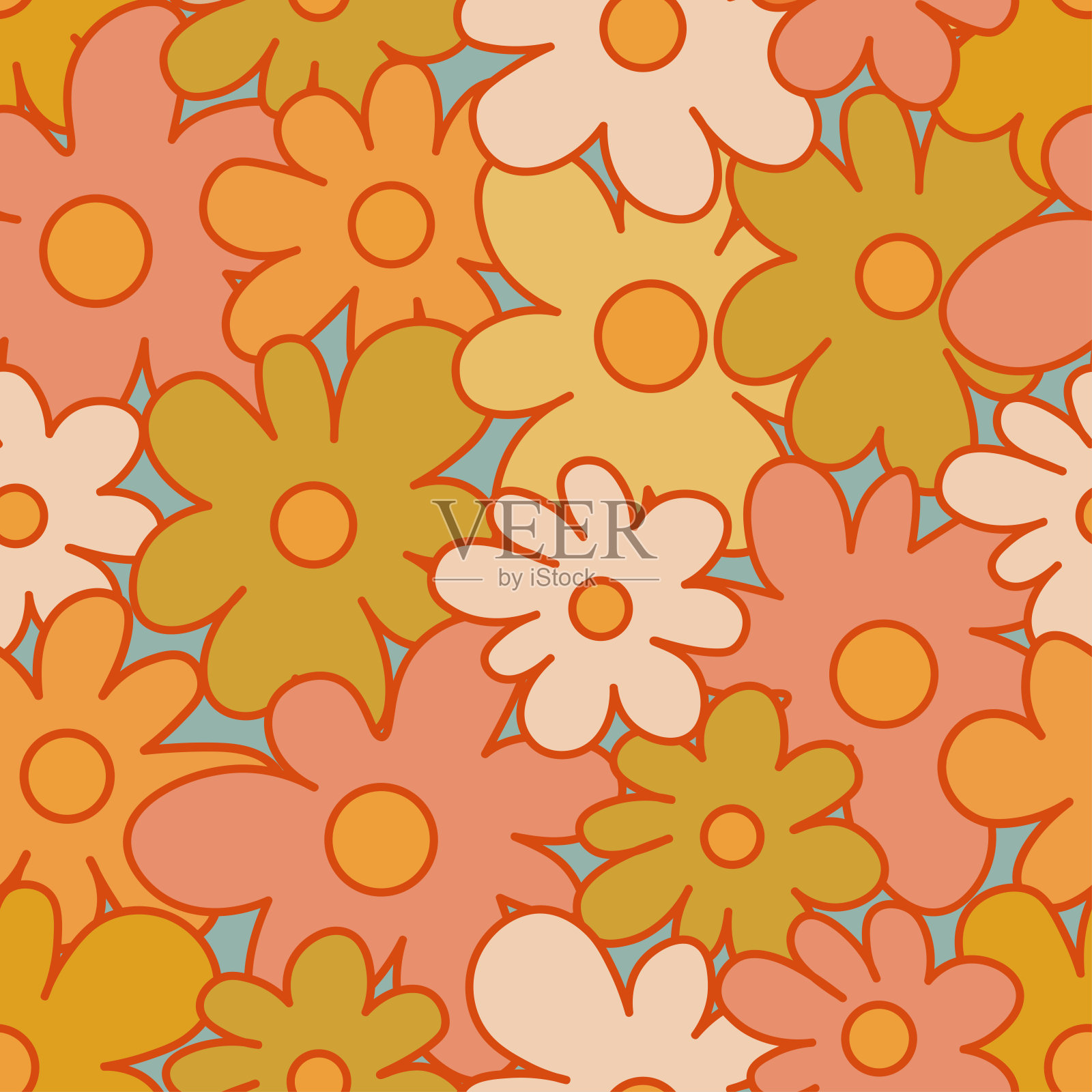 70年代复古无缝图案与风格化的花朵。60年代和70年代的复古风格和美学。彩色复古设计。无缝花复古背景,矢量插图插画图片素材