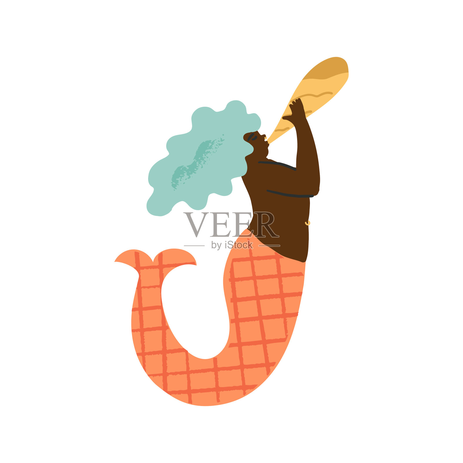 一只非洲美人鱼带着刺耳的号角,可爱的黑胖乎乎的音乐家海女仆吹着小号,叫着。多样性,水下神话生物概念。矢量手绘插图。插画图片素材