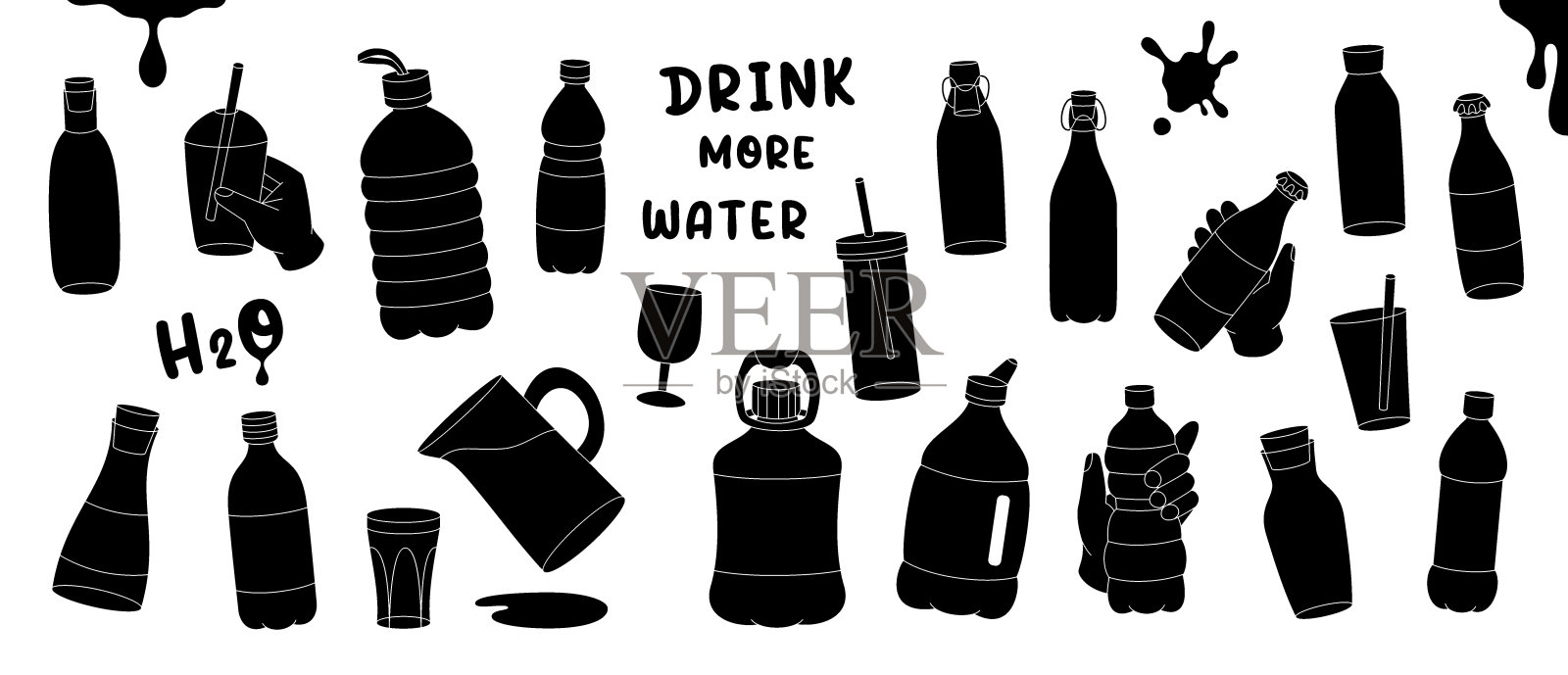 不同的塑料瓶套装。多喝水。塑料水瓶。玻璃杯,瓶子,水壶,罐子,装有清水的烧瓶。插画图片素材