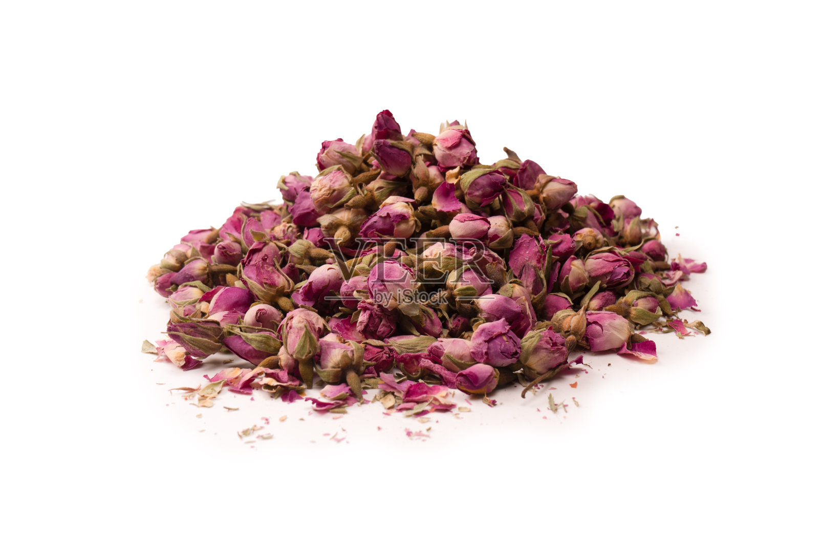 在白色背景上孤立的干茶蔷薇。照片摄影图片