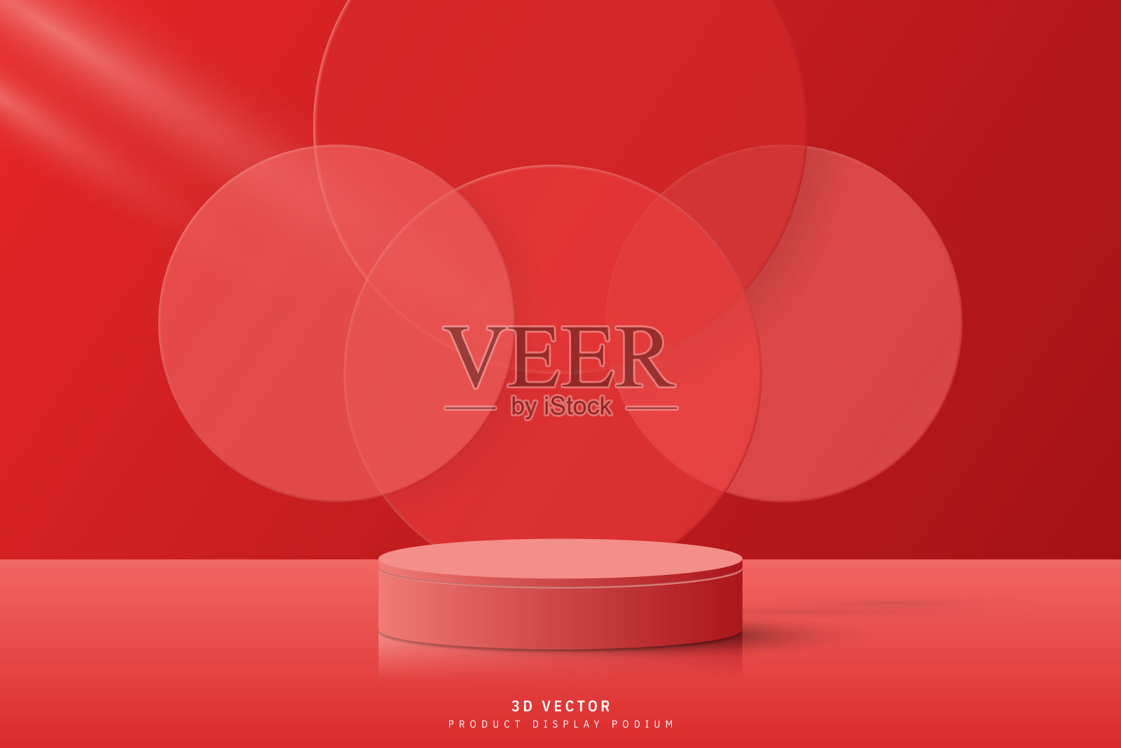 抽象现代的红色三维圆柱形基座或产品展示架,圆形玻璃重叠,漂浮在空中。最小场景展示化妆品或产品介绍。三维向量。插画图片素材