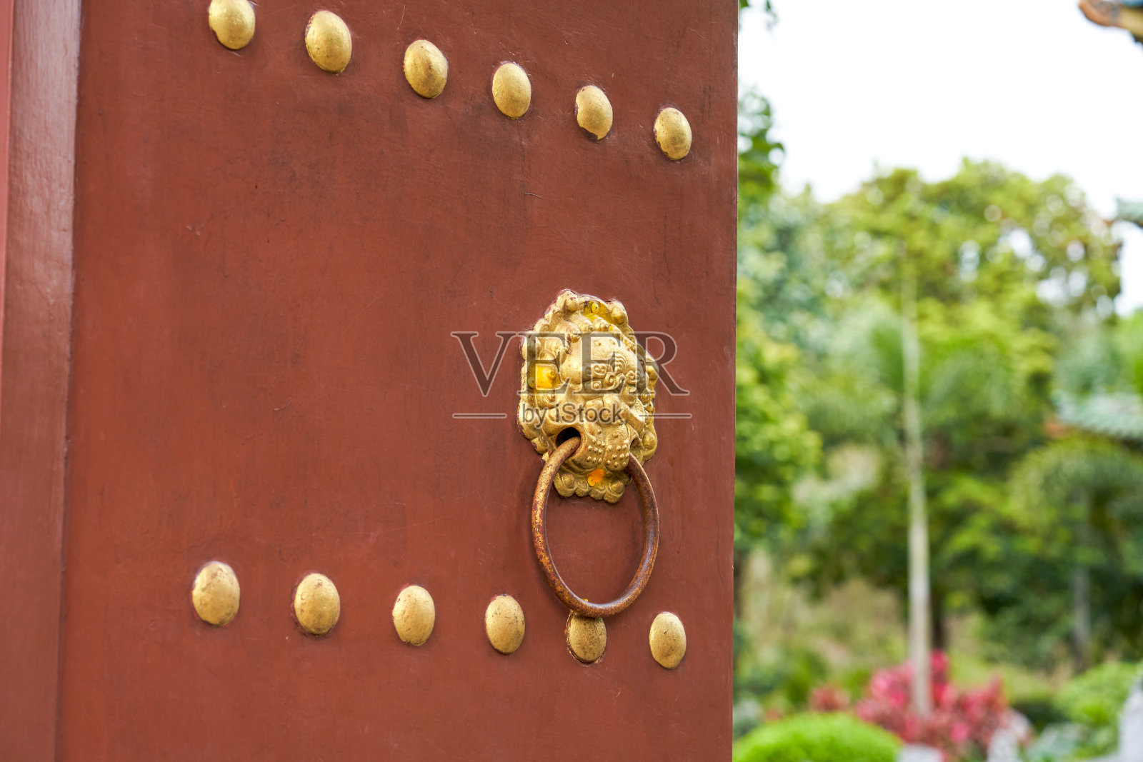 中国古建筑大门上的门环和铆钉照片摄影图片