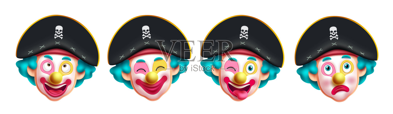 海盗小丑人物矢量集设计。万圣节和生日派对服装插画图片素材