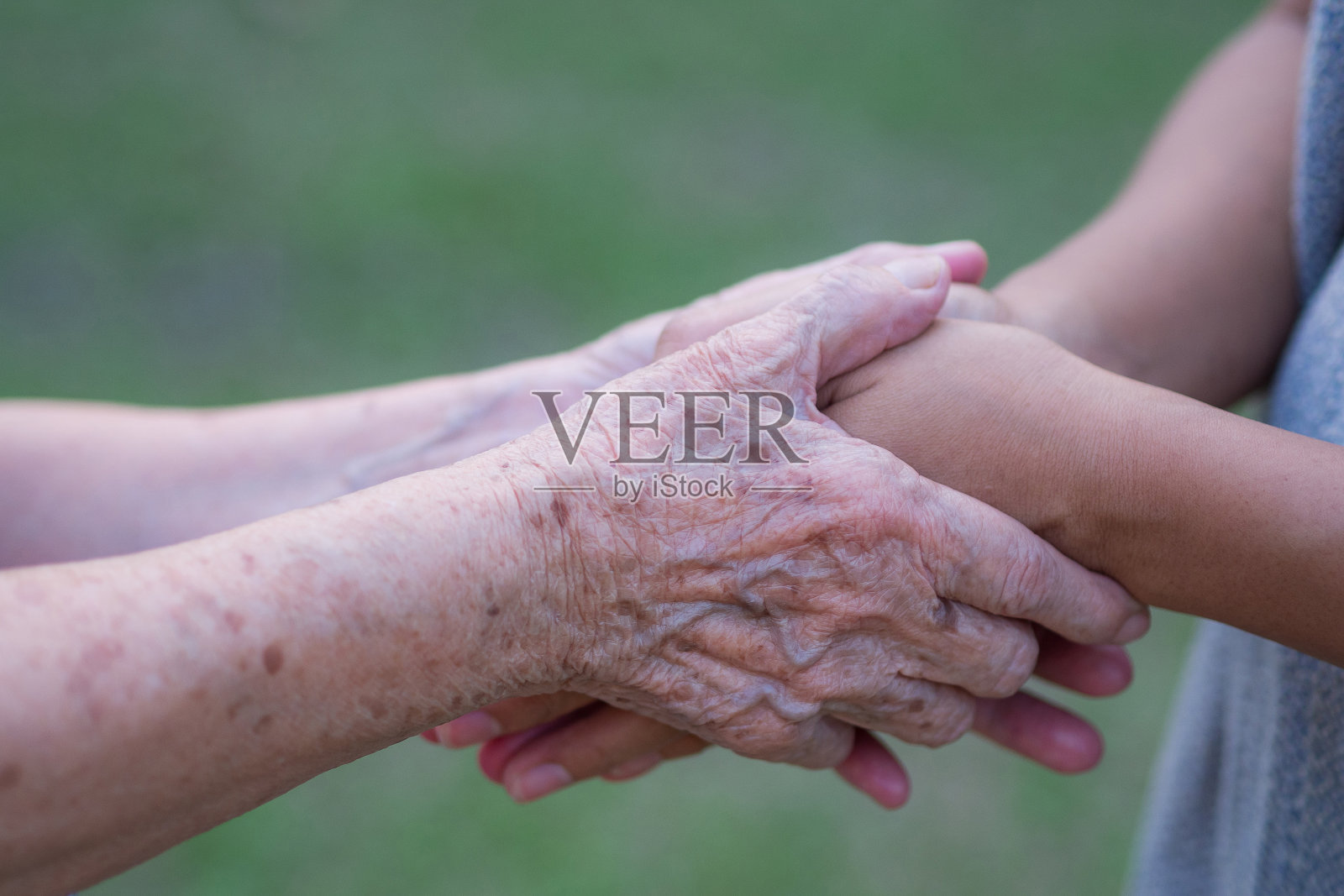 老年妇女的手牵着年轻妇女的手照片摄影图片