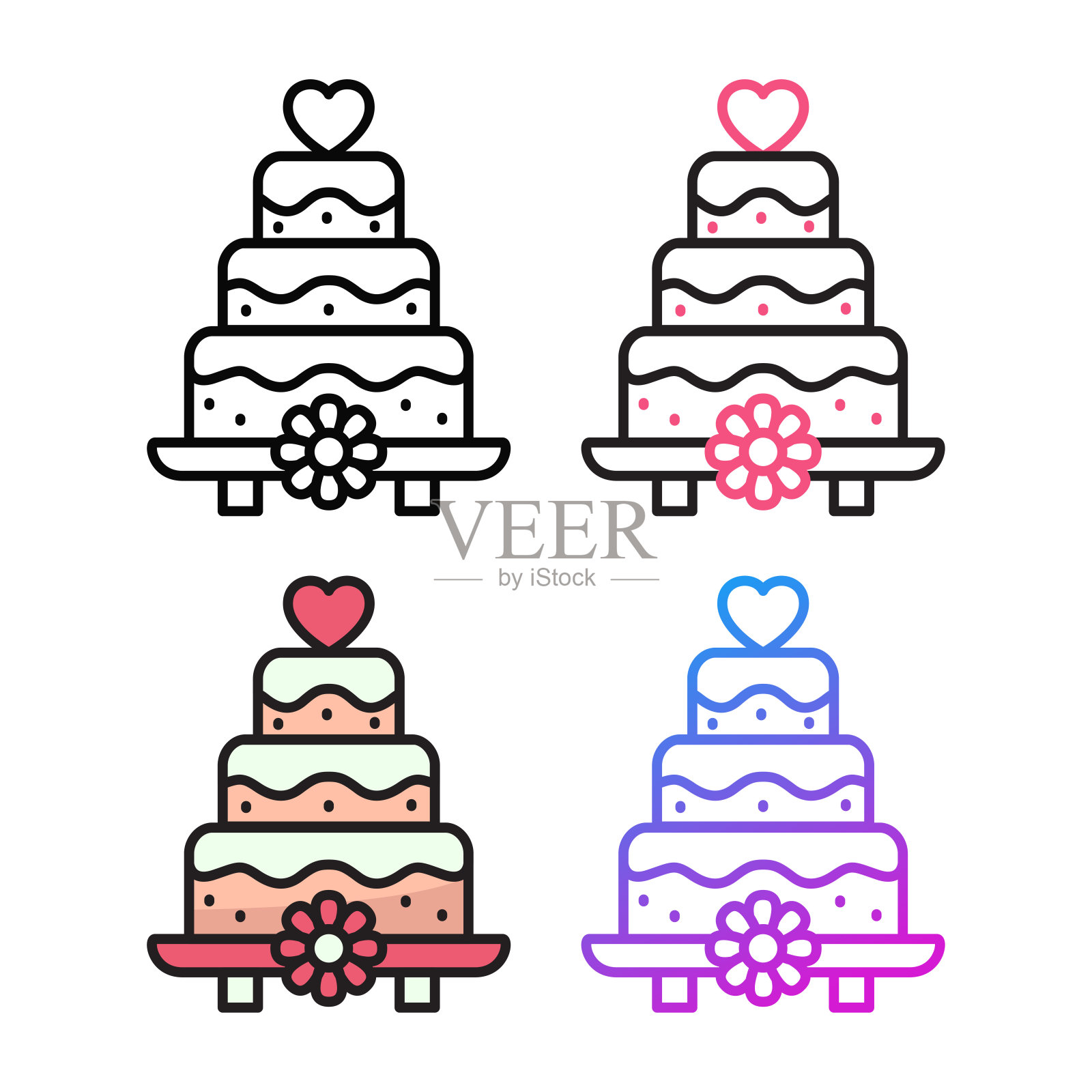 婚礼蛋糕图标设计在四个变化的颜色插画图片素材