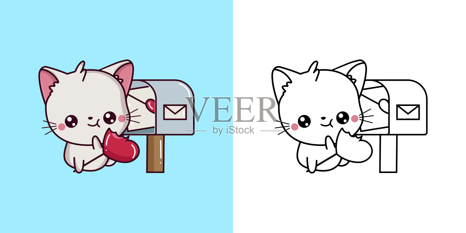 可爱的剪贴画白猫插图和着色页。卡通猫插图。卡哇伊动物的矢量插图贴纸,婴儿淋浴,着色页,衣服印刷品插画图片素材