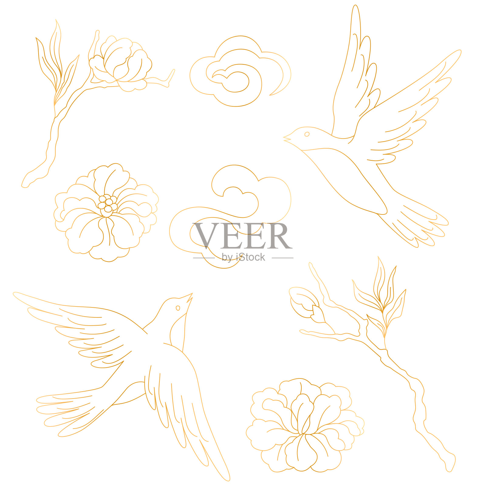 东方鸟语花香集。中国和日本传统插图。插画图片素材