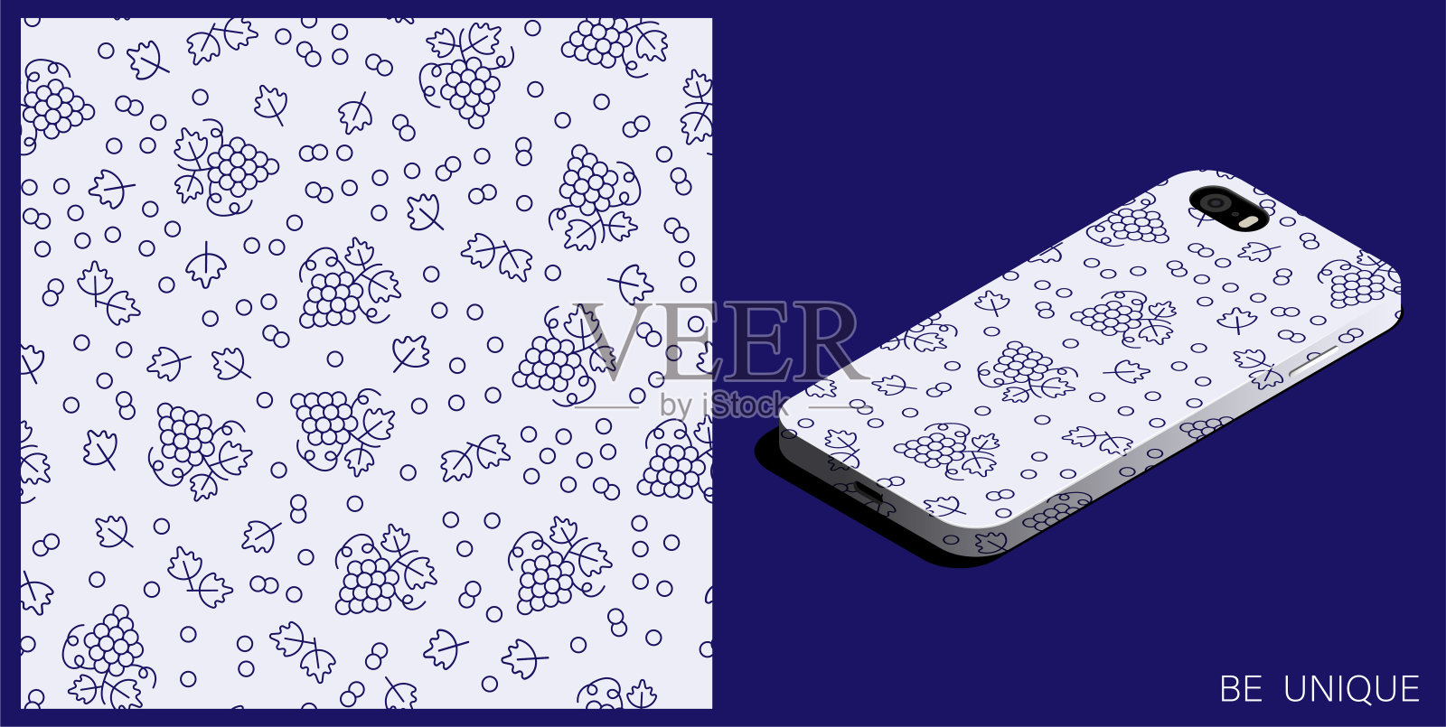 现代智能手机在独特的情况下装饰多汁的葡萄串与叶子和卷须图案。等距顶视图。矢量装饰的海报和配件的设计插画图片素材