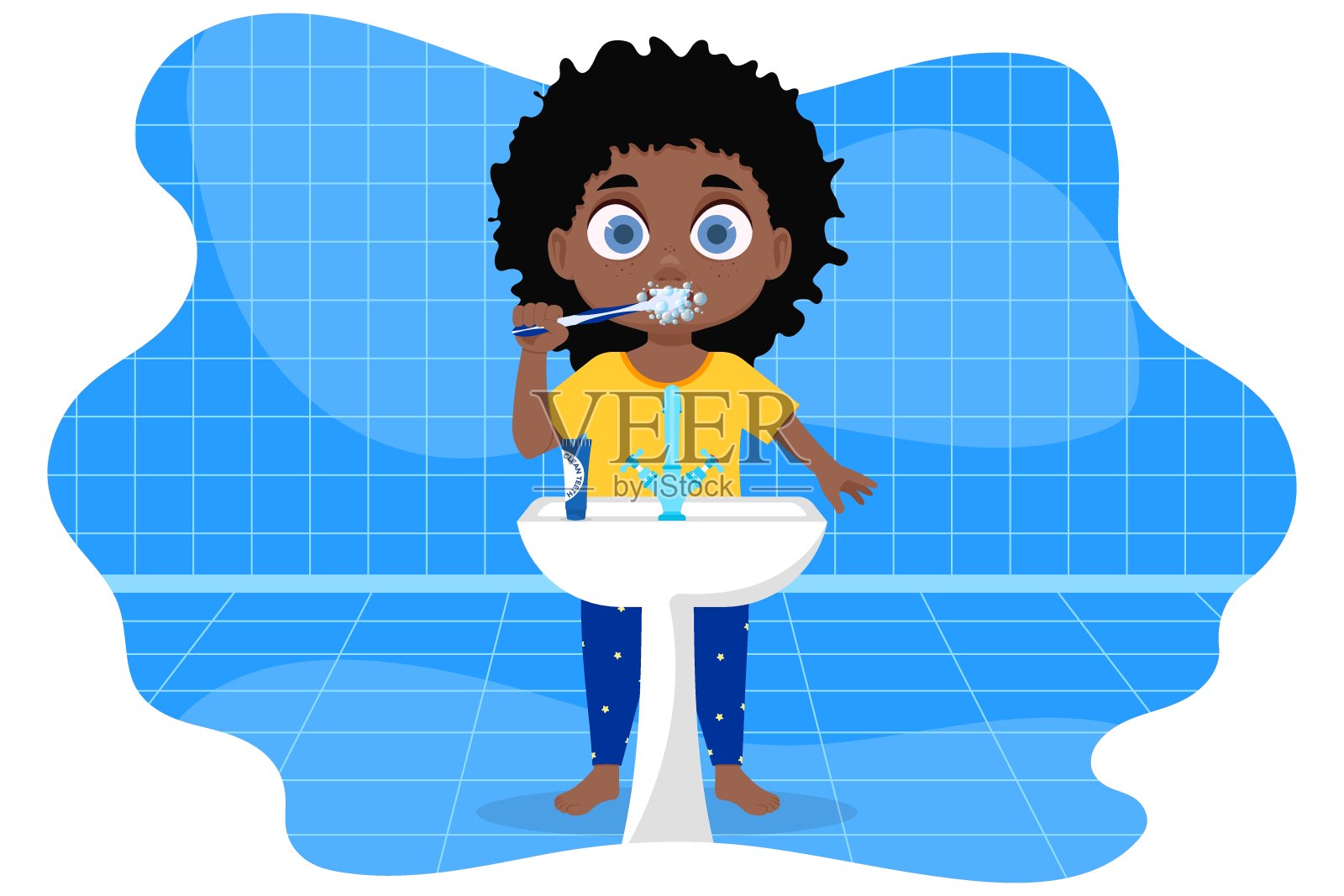 穿着睡衣的孩子在浴室里刷牙。插画图片素材