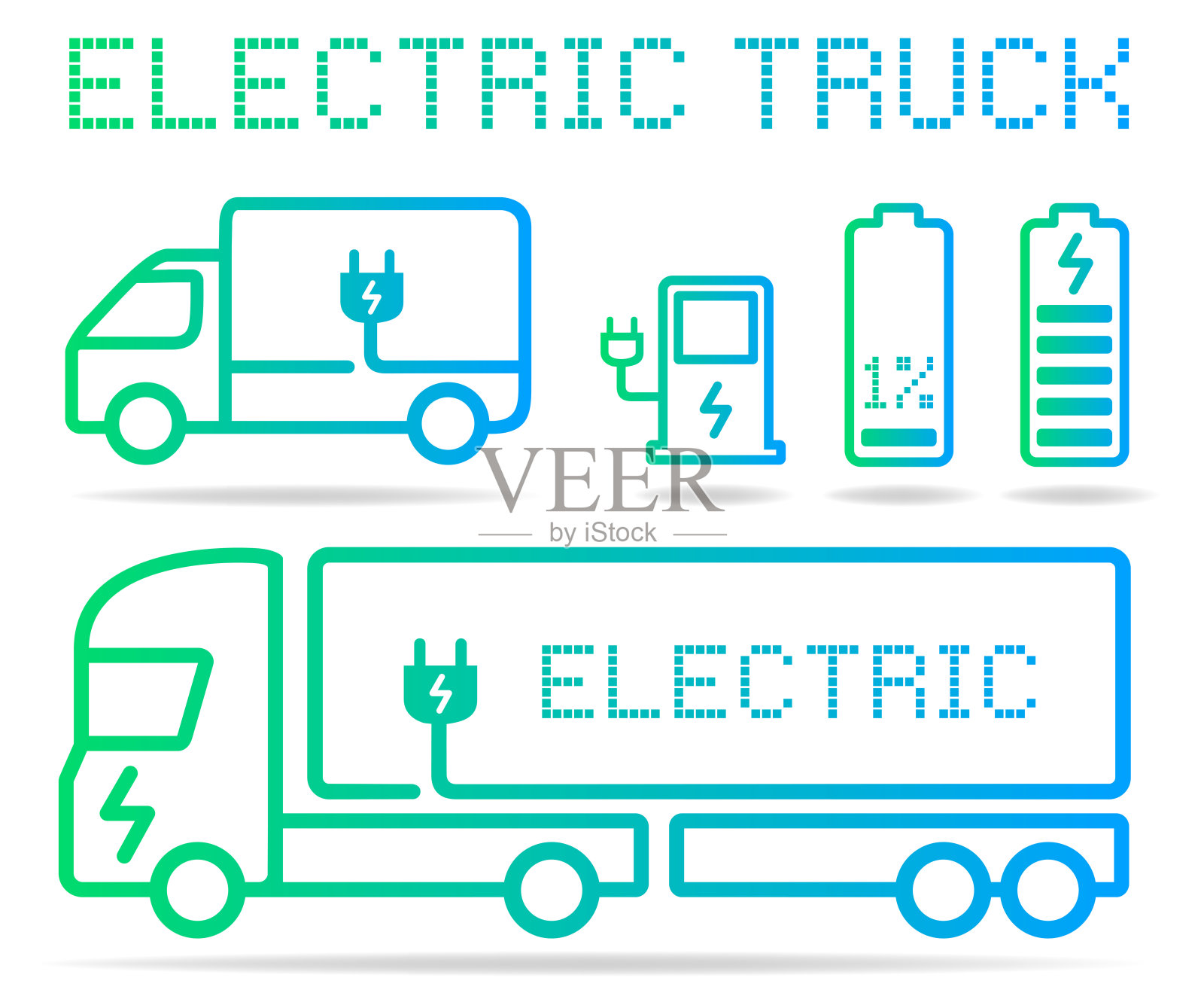 电动卡车矢量图标集卡车,面包车,充电站,插头,生态电力,运输,物流,绿色能源插画图片素材