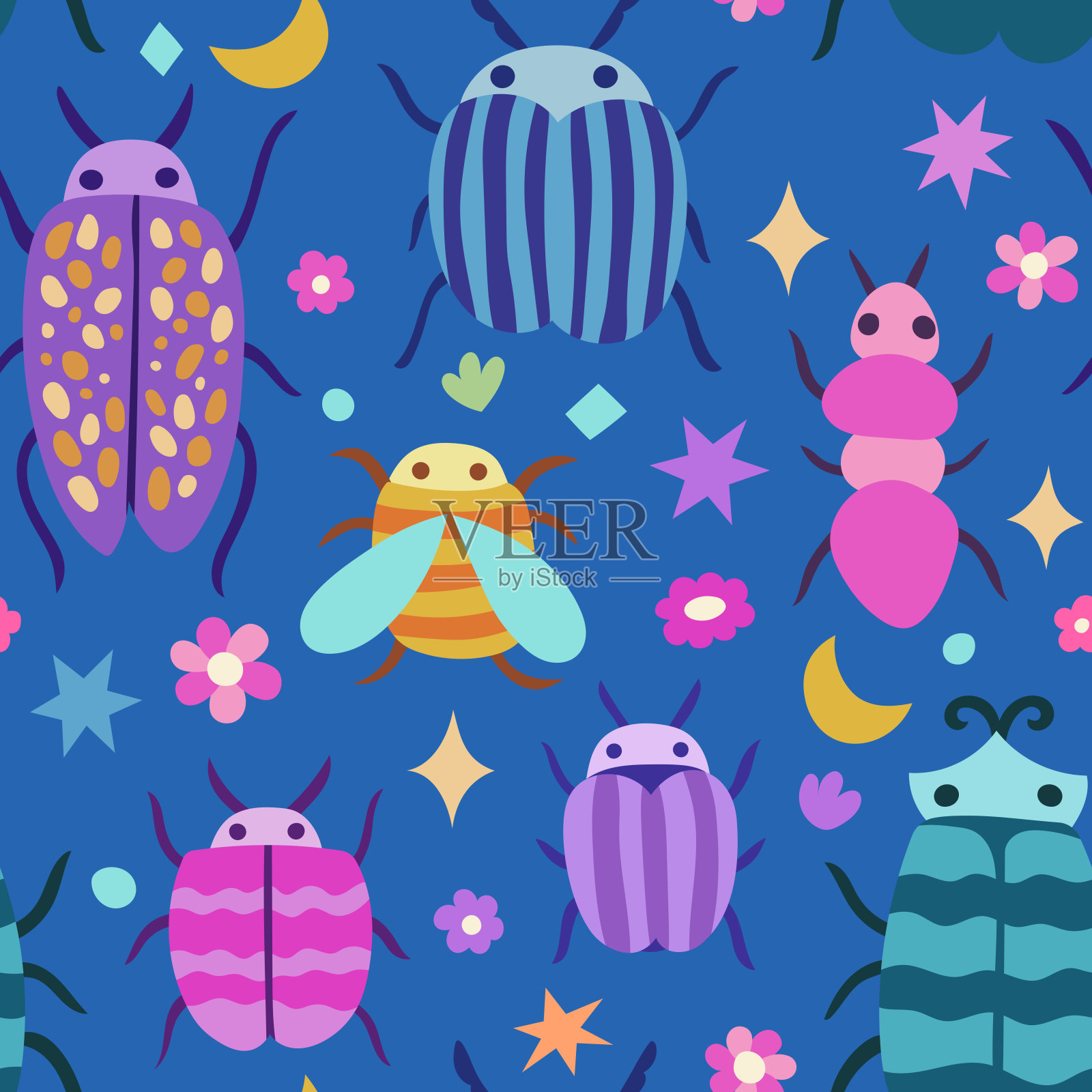 可爱的无缝图案与手绘的虫子和花卉元素。矢量夏季植物背景。插画图片素材