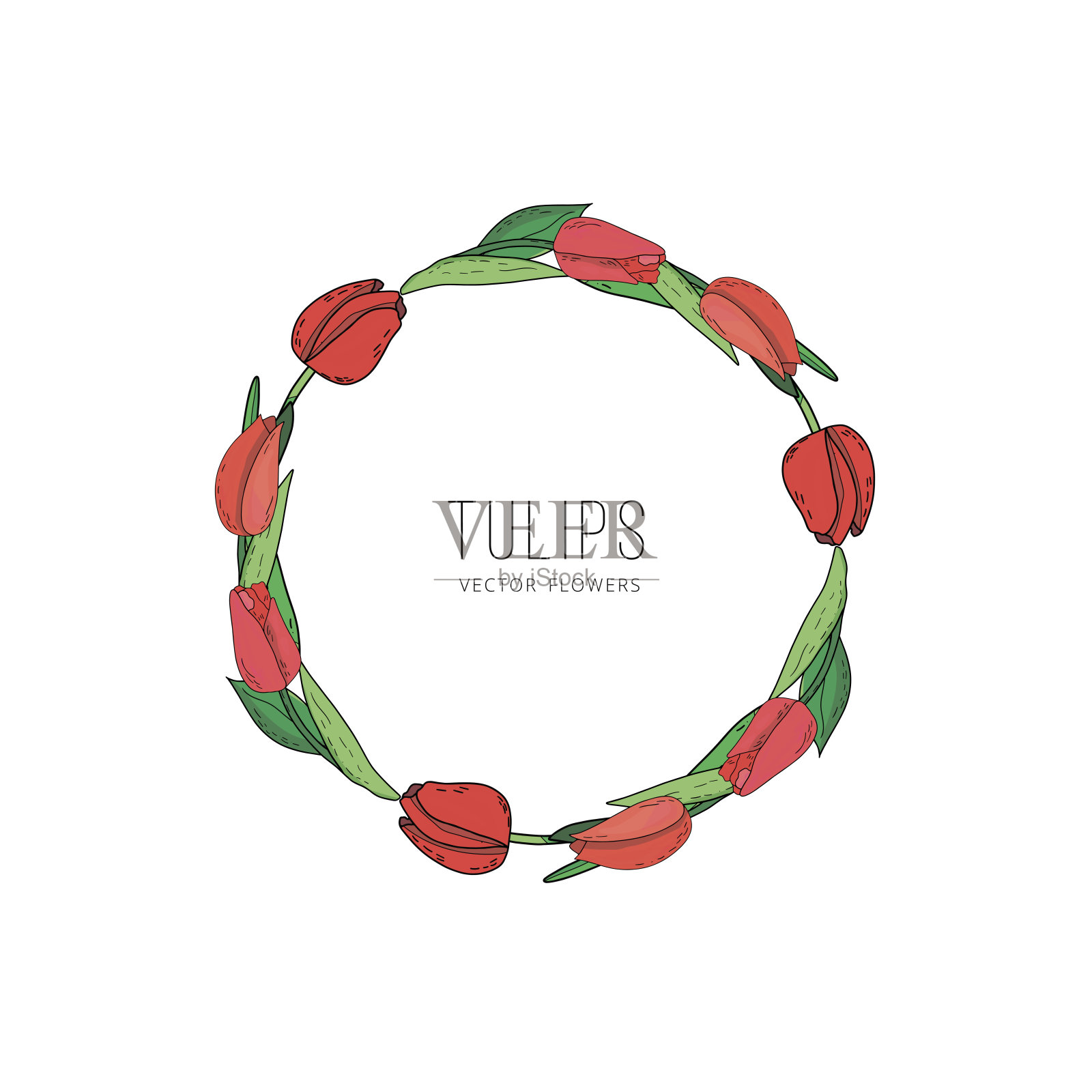 手绘矢量花框架与红花郁金香,树枝和叶子。优雅的标志模板。插画图片素材