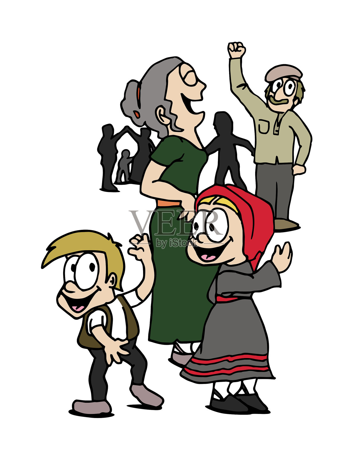 可爱快乐的孩子和大人的角色跳舞,穿着传统的服装和服装。彩色卡通风格矢量插图。插画图片素材