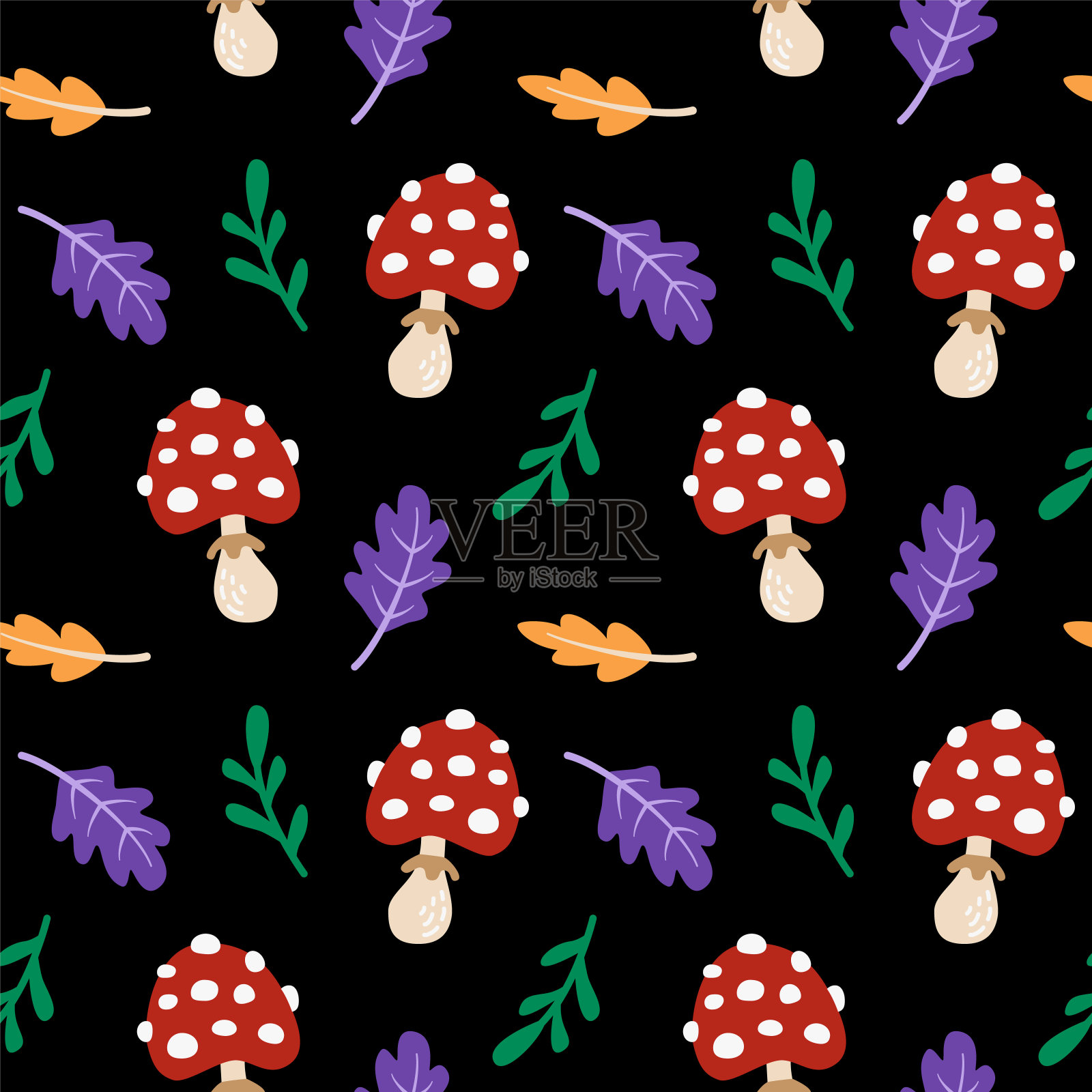 无缝图案与可爱的卡通平面飞木耳和明亮的秋叶在黑色的背景插画图片素材