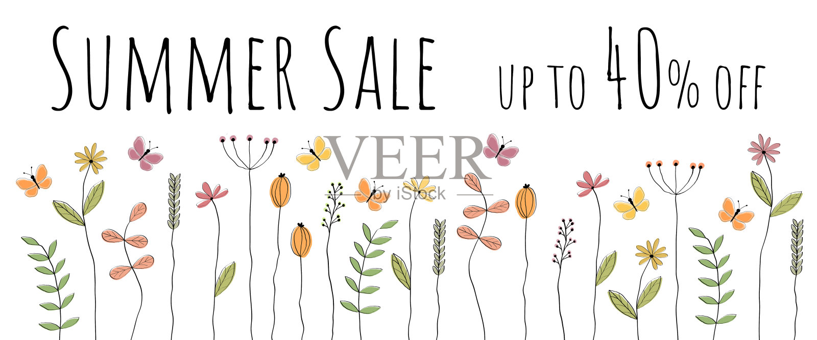 夏季特惠,最高可打四折。印有可爱的花朵和蝴蝶的销售横幅。插画图片素材
