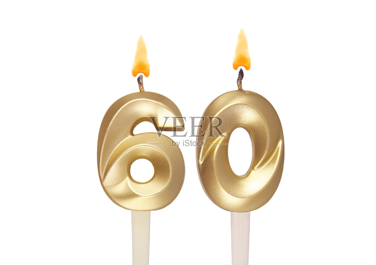 白色背景上的金色生日蜡烛,60号照片摄影图片