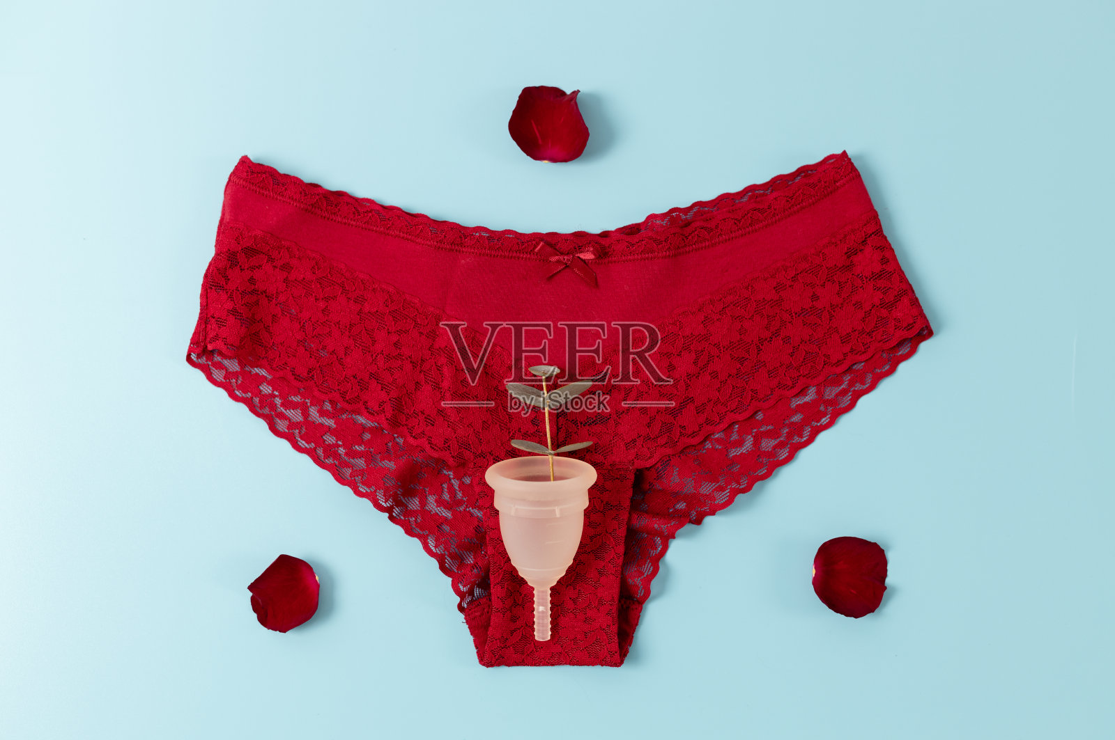 带月经杯和玫瑰花瓣的红内裤。照片摄影图片