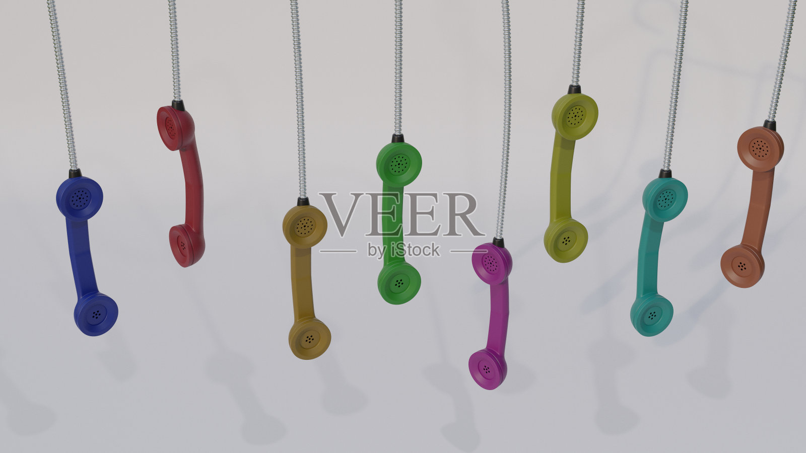 由电话线悬挂的多色手机碎片,隔离在白色背景插图上。3d渲染照片摄影图片