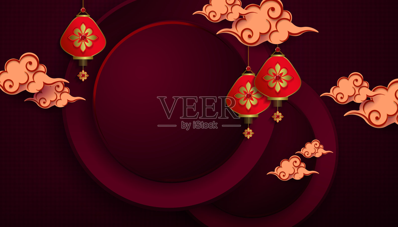 酒红色明信片配圆框,纸艺云风插画图片素材