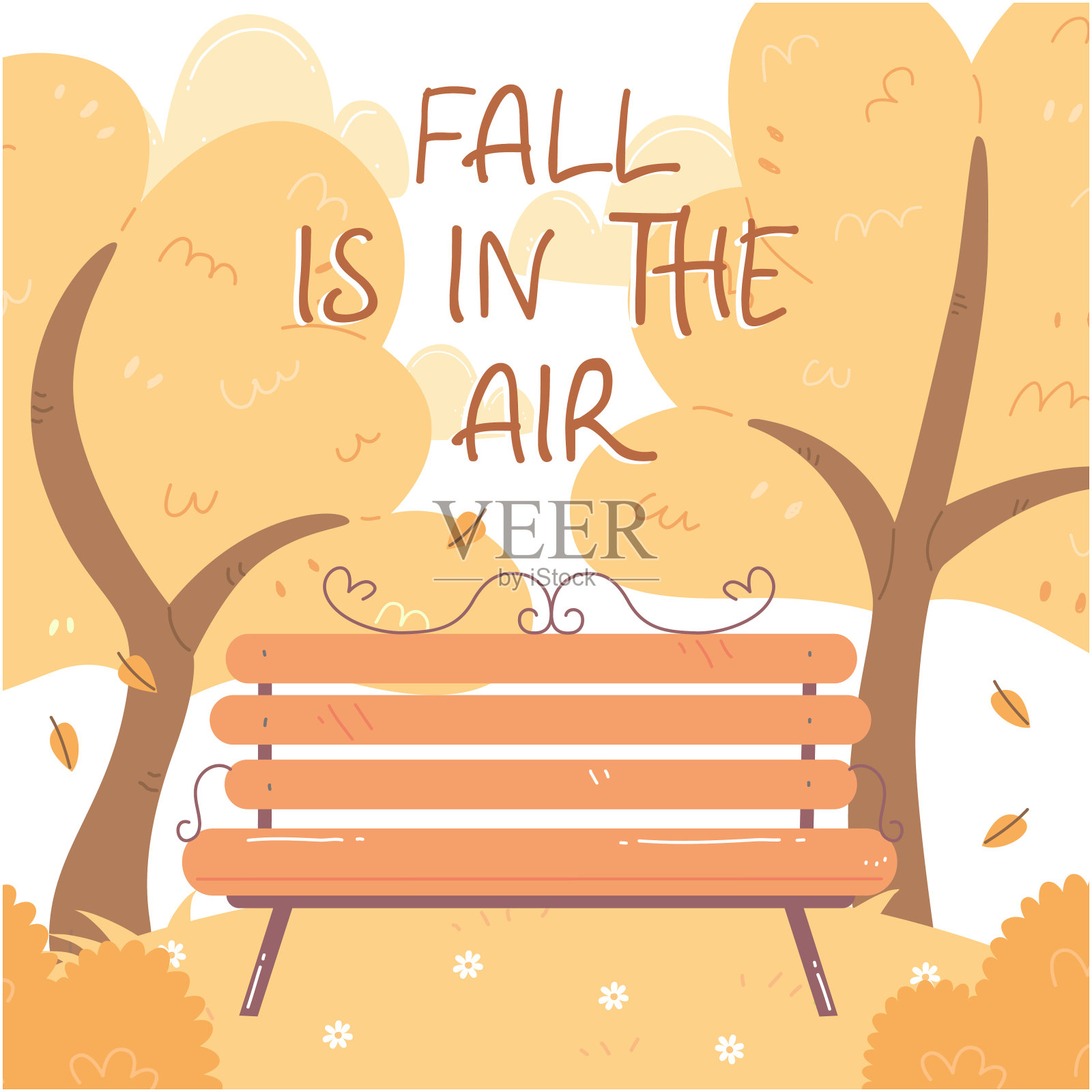 秋天的公园长椅插图,背景是树木,空气中弥漫着秋天的气息。矢量插图在卡通平面风格。插画图片素材