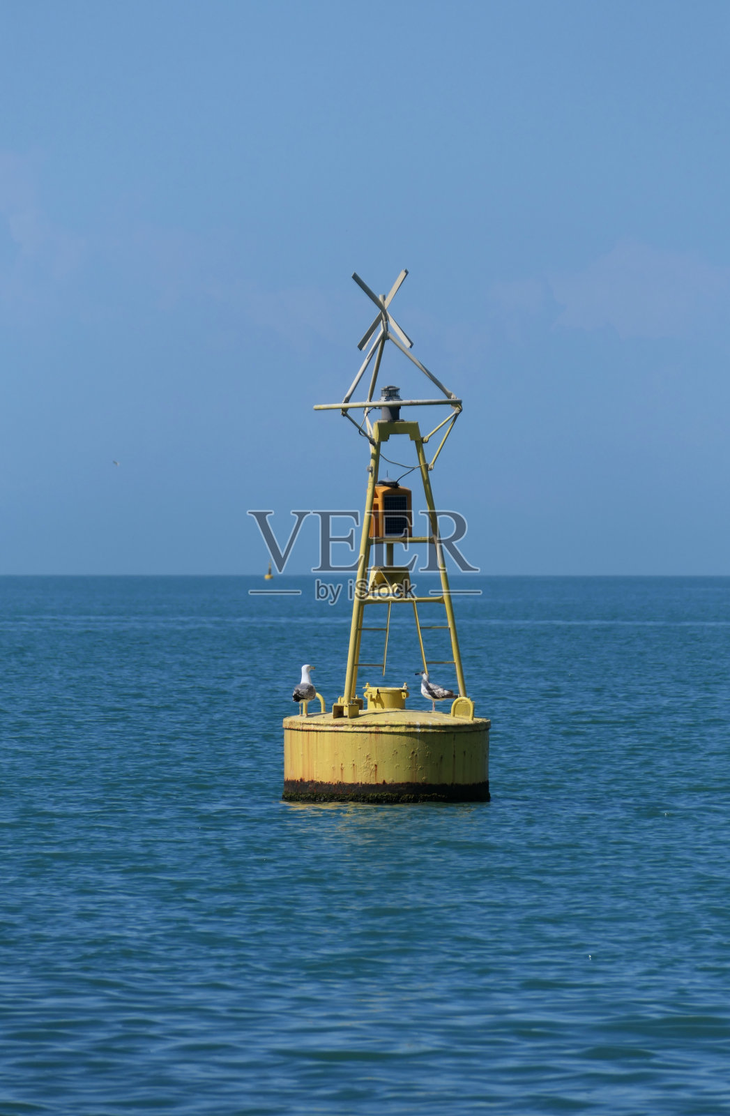 一个黄色的浮标,上面坐着一只海鸥照片摄影图片