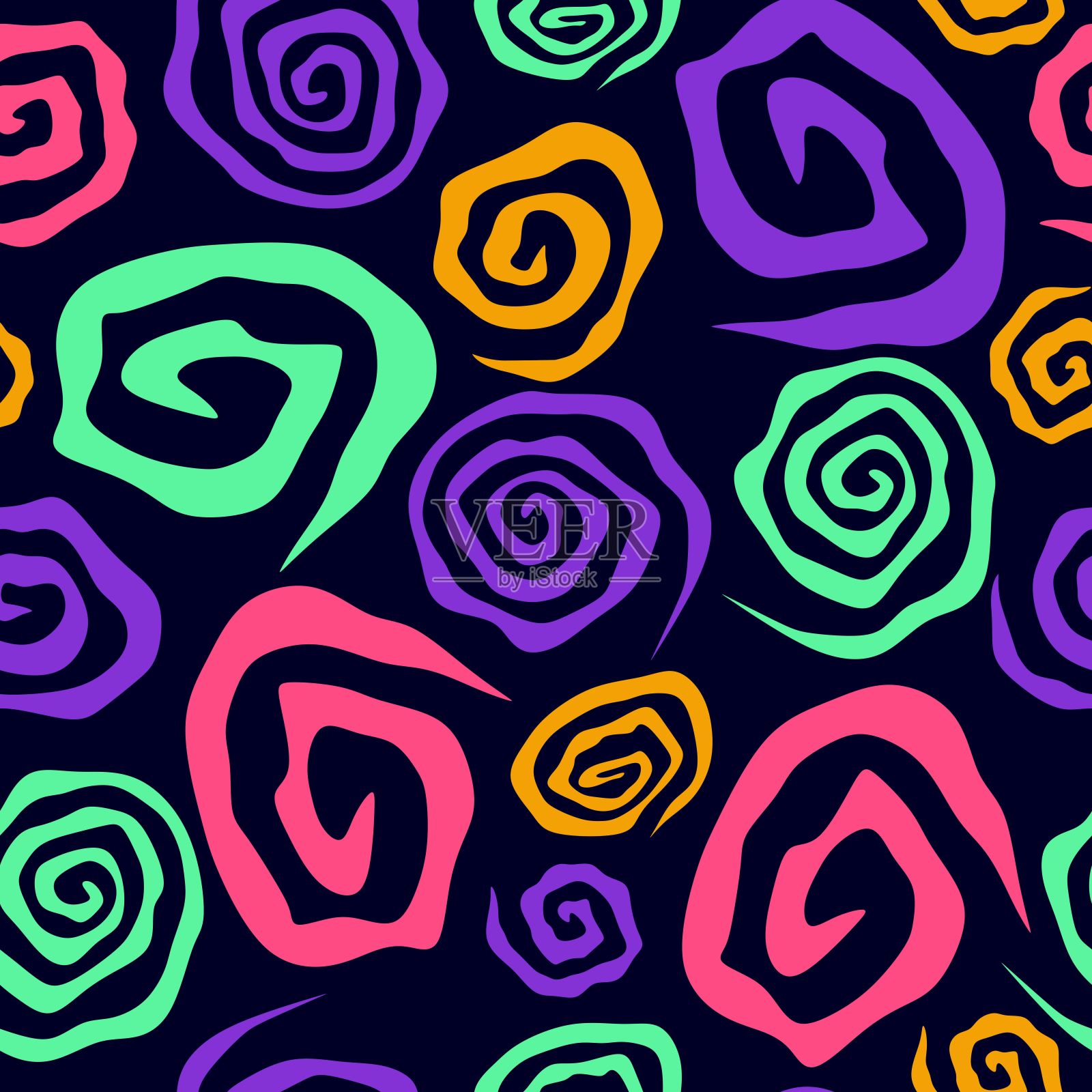 迷幻漩涡螺旋无缝图案。六七十年代风格的液体groovy背景。彩色纹理。插画图片素材