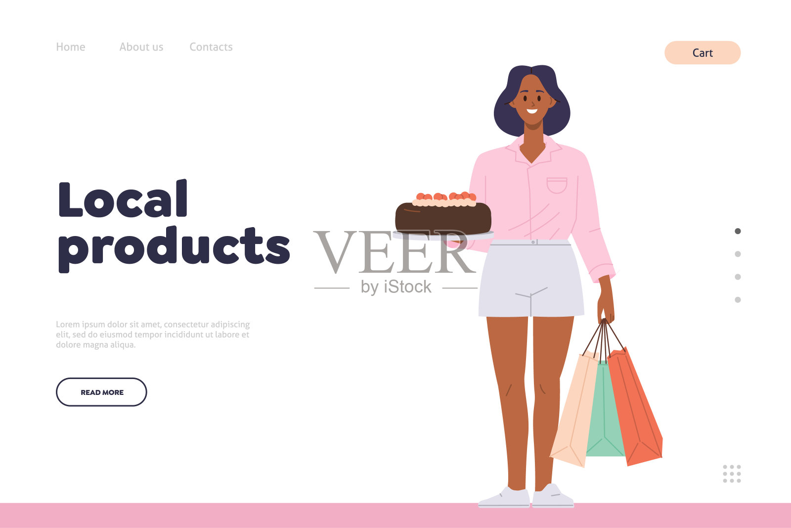 本地产品登陆页面设计模板与快乐的女人买家与购物袋和蛋糕插画图片素材