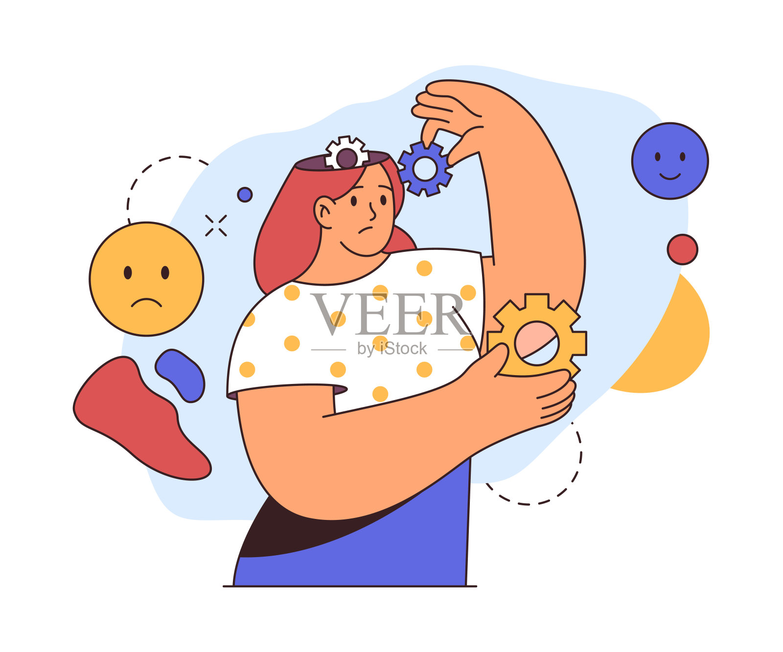 有精神问题的女人,整理思绪,扁平卡通矢量插图。情绪低落的人改变心情,抑郁的无脸人物,人格分裂插画图片素材