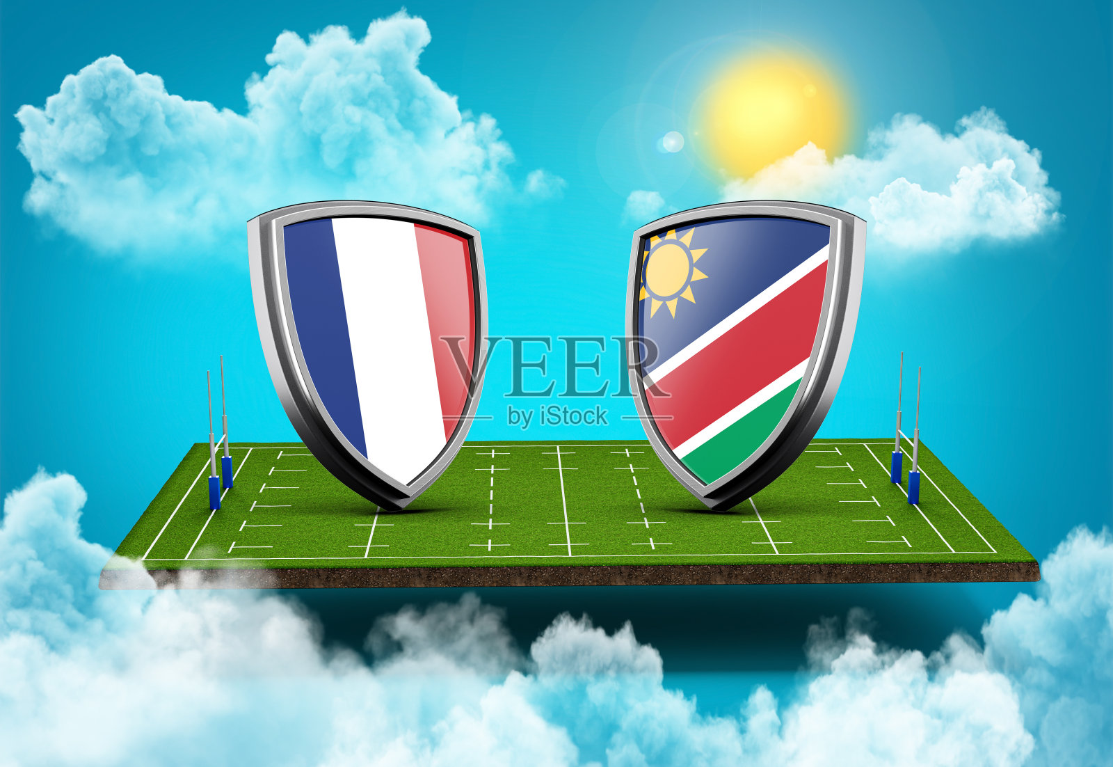 法国vs纳米比亚vs屏幕场地体育场,橄榄球体育场天空云太阳3d插图照片摄影图片
