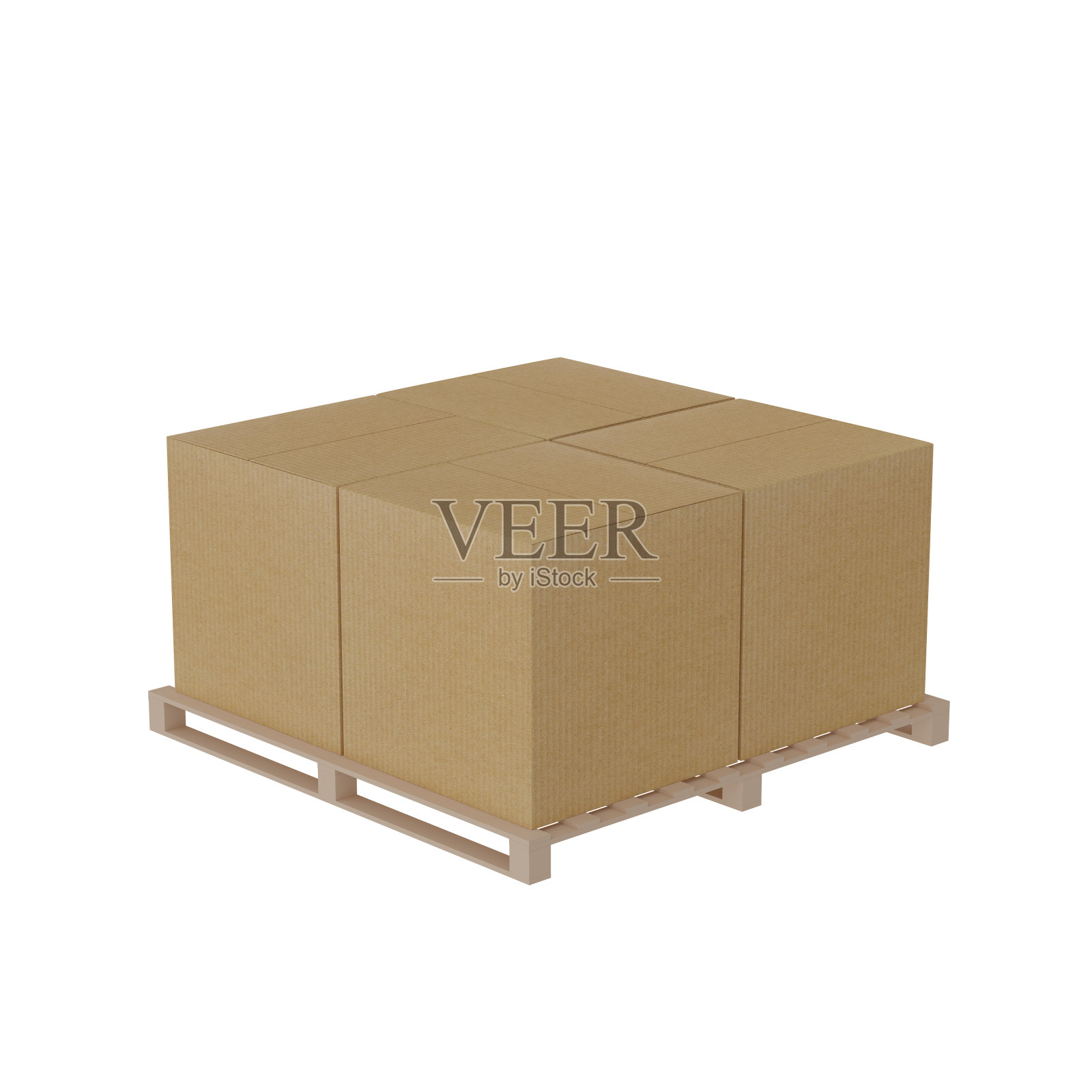 托盘与四个纸箱隔离在白色背景-与路径照片摄影图片