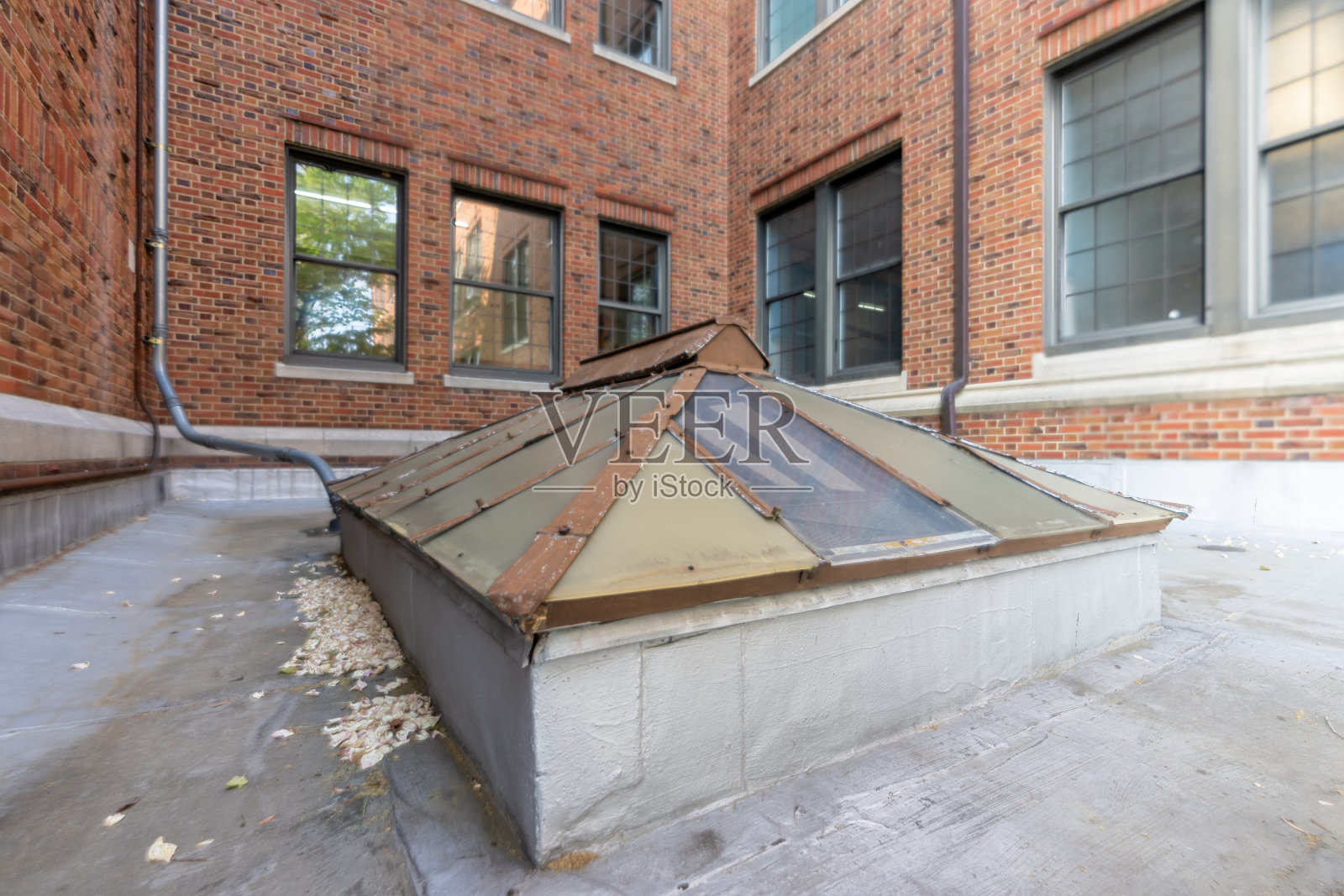 旧的,老式的金属框架双斜天窗上的平面商业,工业,或学校的屋顶。照片摄影图片