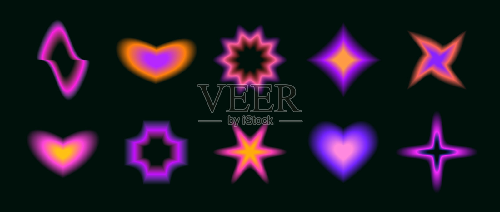 平滑模糊梯度花,星星和心集。Y2K模糊光环形状集合。五颜六色的霓虹抽象时尚元素的标志,模板,徽章,贴纸,拼贴画。矢量包插画图片素材