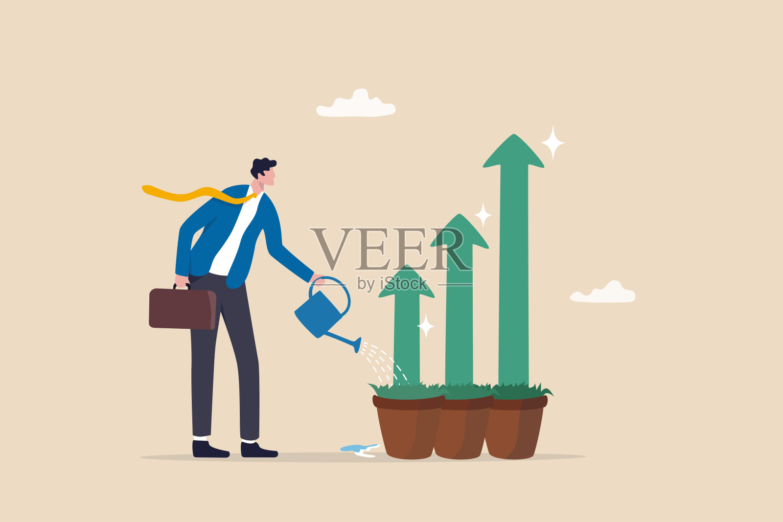 成长事业,成长或增加收入,个人发展,成长心态或投资利润,繁荣理念,商人浇灌幼苗植物用成长的绿色成长箭。插画图片素材