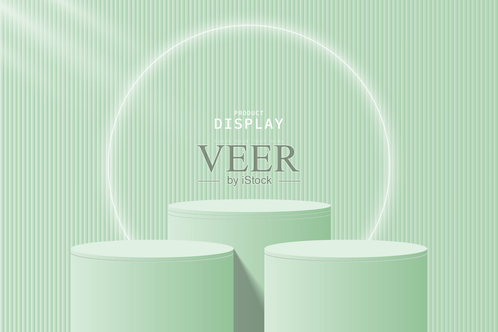 带有发光霓虹灯环和垂直背景的绿色3D圆柱领奖台或产品展示台,用于模型或产品展示的简约墙面场景,EPS 10插画图片素材