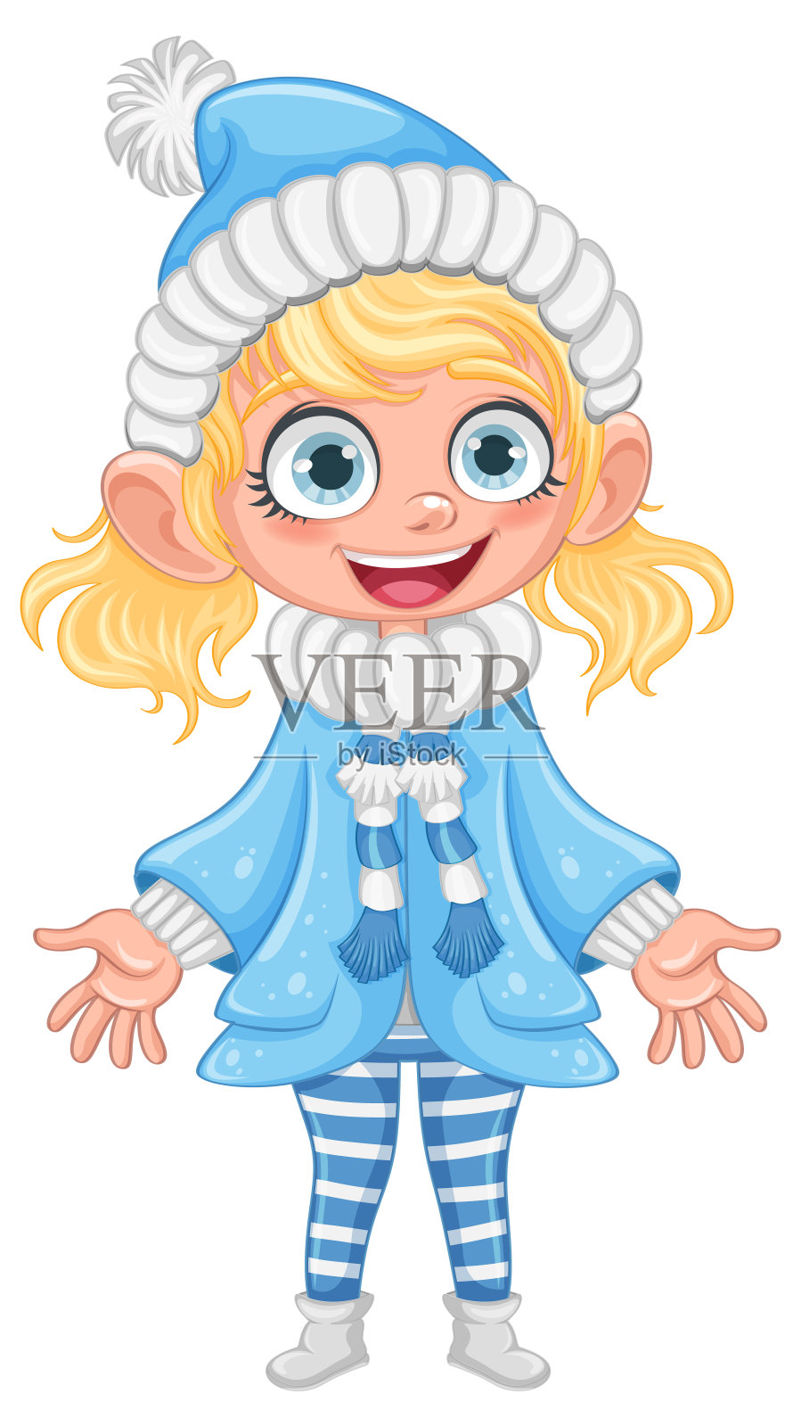 戴着冬帽的小女孩和漂亮的卡通人物插画图片素材