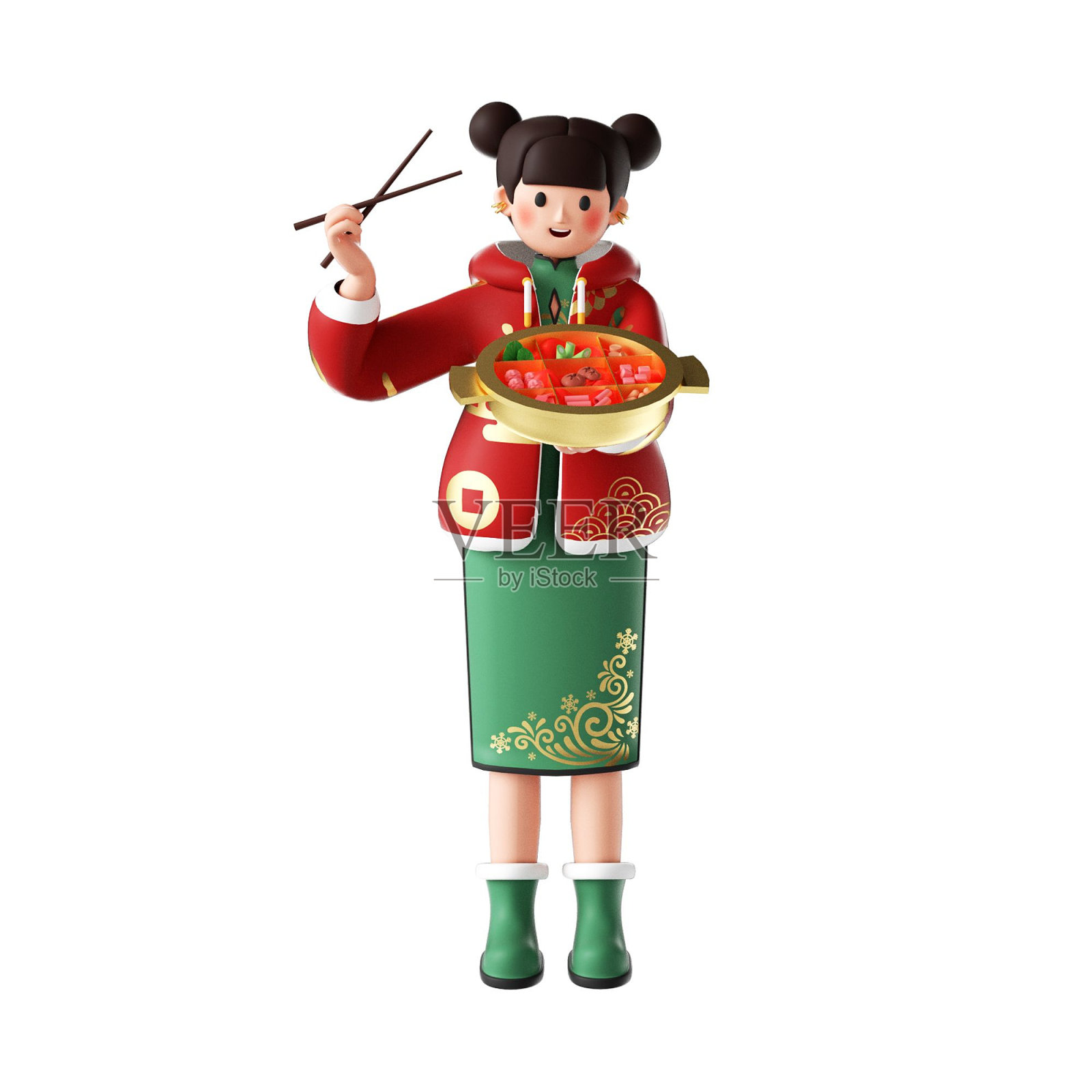 3D渲染的卡通插图,一个开朗的年轻女子穿着传统的中国服装照片摄影图片