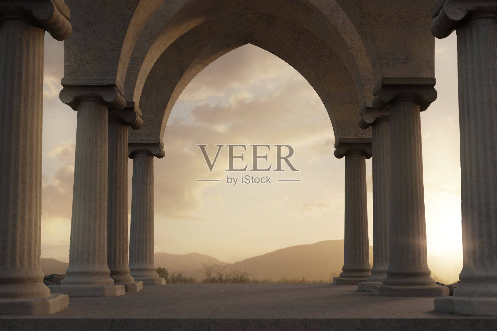 一个带有离子柱的石头大厅的3d渲染图,可以看到美丽的山脉照片摄影图片