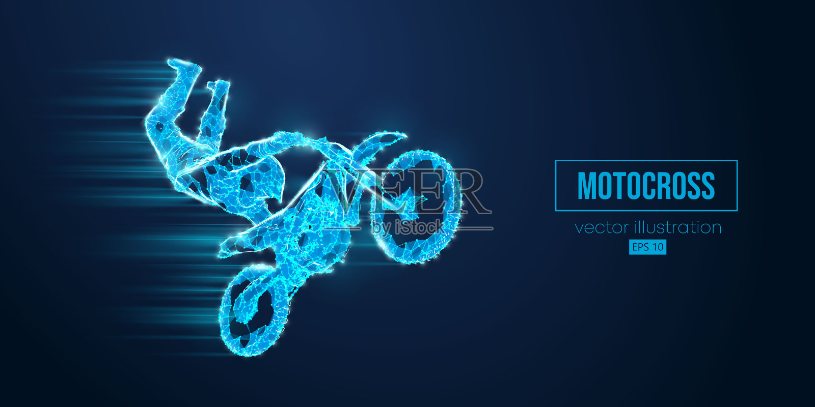 抽象线框轮廓的摩托车越野赛骑手从三角形和粒子在蓝色背景,人正在做一个伎俩,孤立。耐力摩托车运动交通工具。矢量图插画图片素材