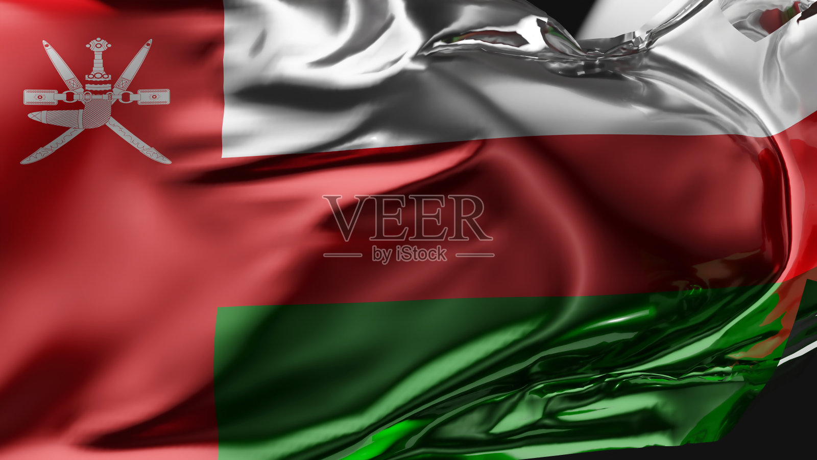 阿曼国旗在风中飘扬,阿曼国旗波浪,面料纹理,特写,逼真,3d渲染照片摄影图片