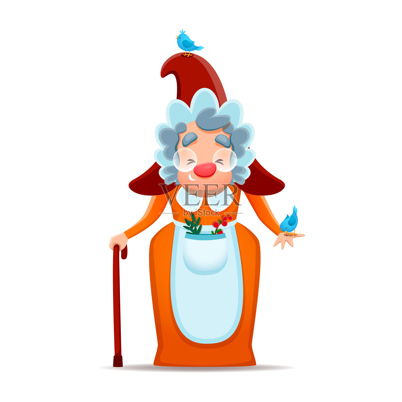 卡通女侏儒人物喂鸟插画图片素材