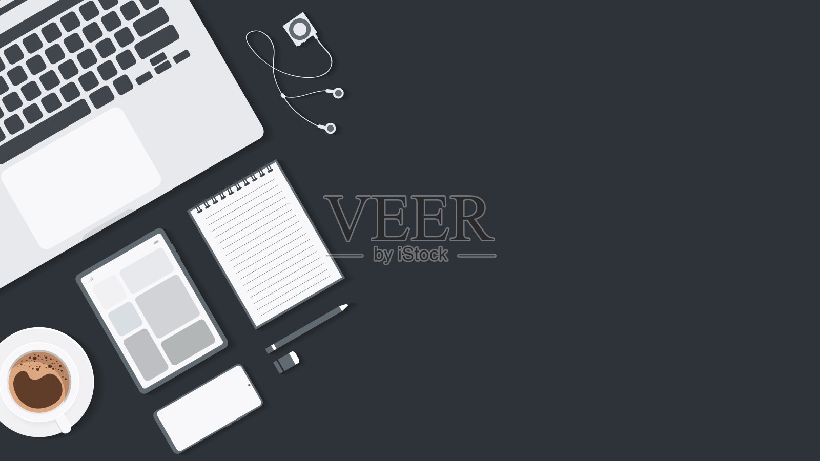 用小工具的办公桌罩和横幅。表工作和文本的自由空间的顶视图。插画图片素材