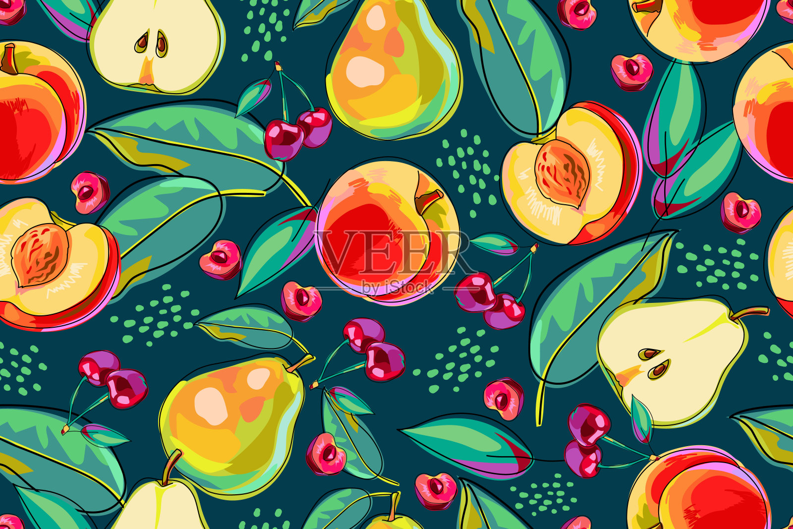 桃子,梨,樱桃的无缝图案。深色背景上的水果和树叶。卡通。彩色,明亮的设计,用于纸张,封面,织物,内饰等。矢量插图。插画图片素材