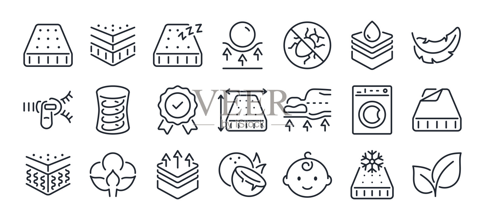 床垫相关的可编辑的笔画轮廓图标集隔离在白色背景平面矢量插图。像素完美。64 × 64。图标素材